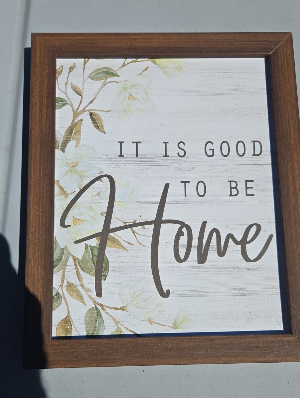 Framed "It Is Good to Be Home" Wall Art - Brown Frame, Floral Print